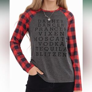 MangoPop Christmas Holiday Long Sleeve Plaid Short Womens Medium Gray Red NEW